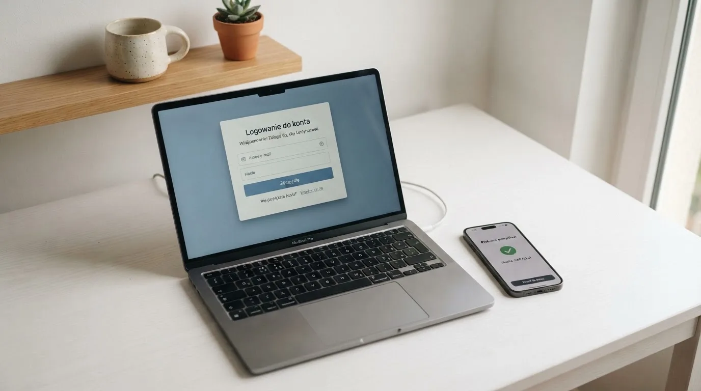 Widok ekranu laptopa z otwartym formularzem logowania do internetowego serwisu z grami, obok leżący telefon z otwartą aplikacją bankową.