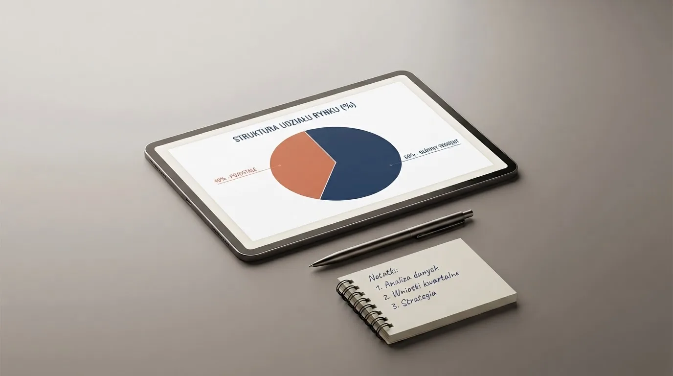 Tablet leżący na stole z prostym wykresem kołowym pokazującym udział szarej strefy, obok długopis i notatnik.